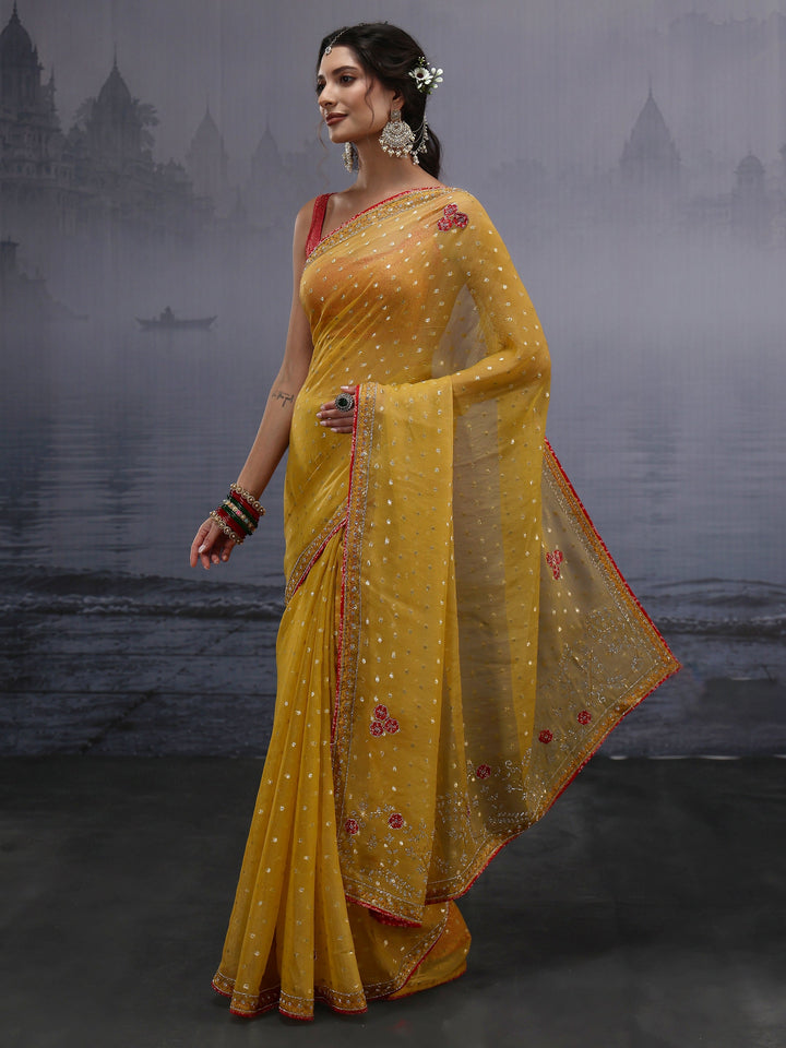 Libas Mustard Woven Design Tissue Saree with Applique Work