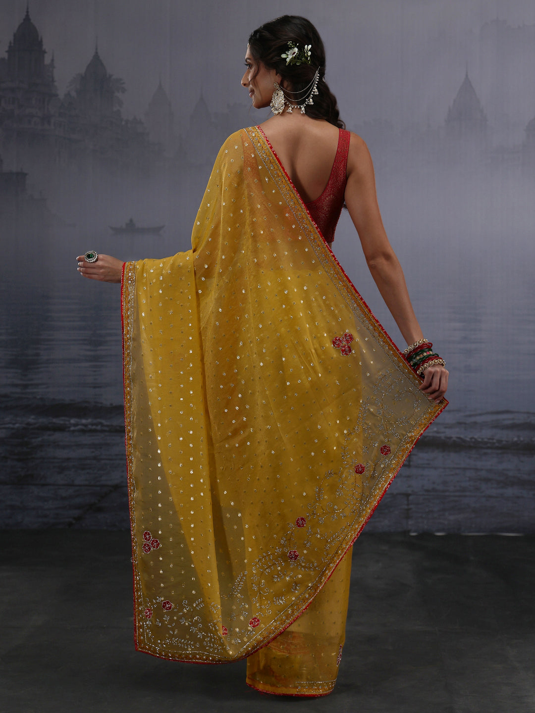 Libas Mustard Woven Design Tissue Saree with Applique Work
