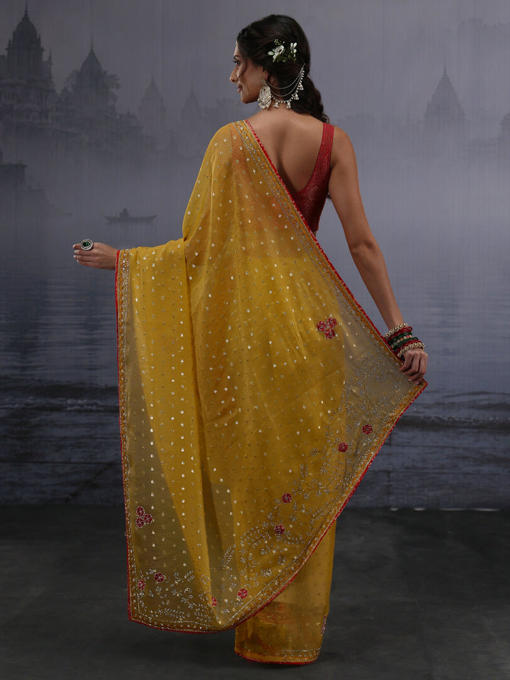 Libas Mustard Woven Design Tissue Saree with Applique Work