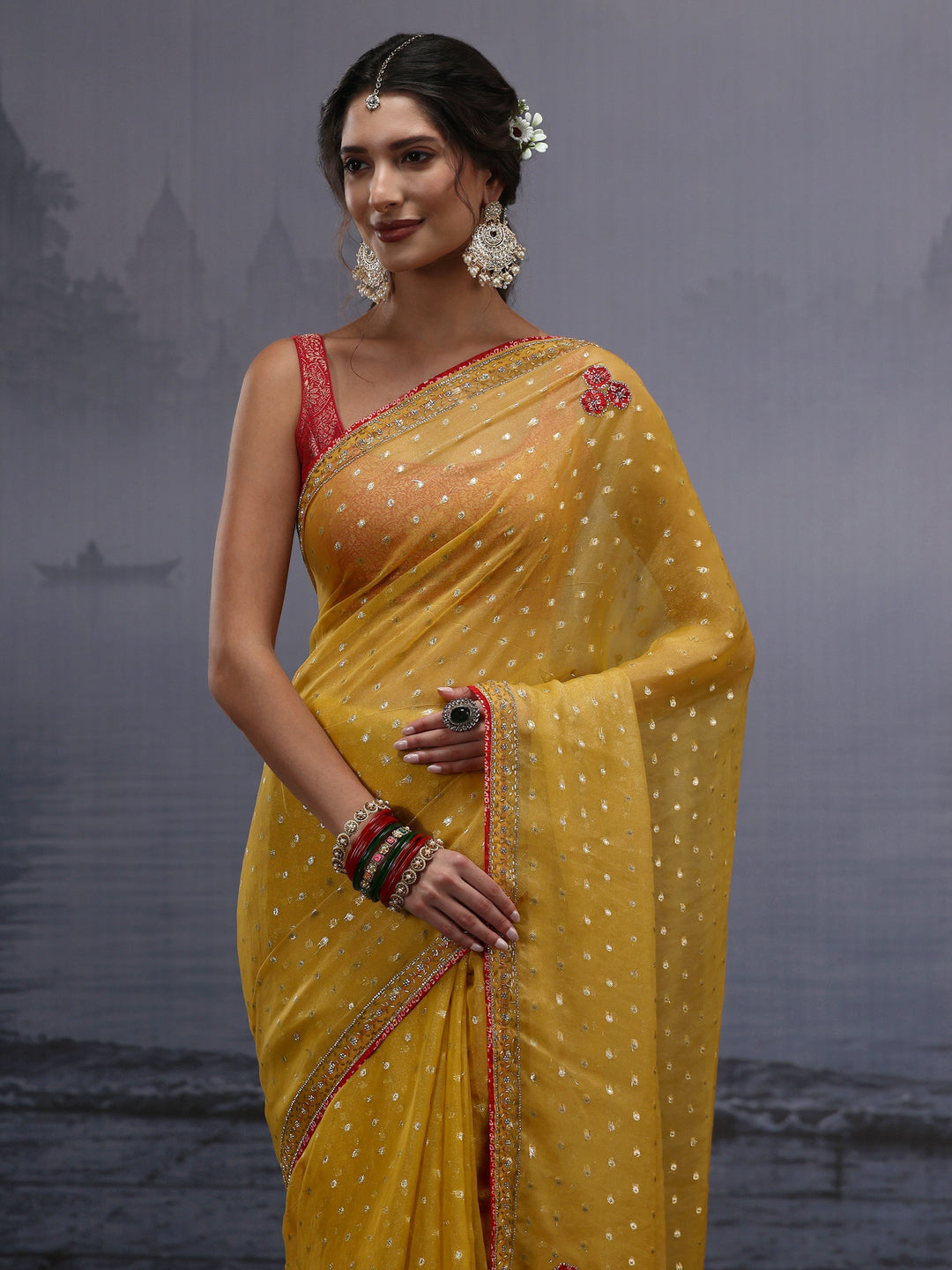 Libas Mustard Woven Design Tissue Saree with Applique Work