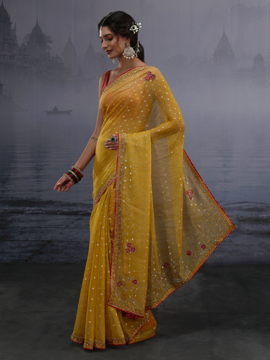 Libas Mustard Woven Design Tissue Saree with Applique Work