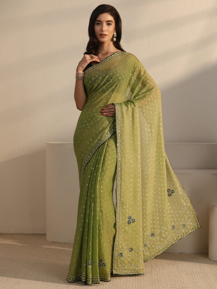 Libas Green Woven Design Tissue Saree with Embellished Border