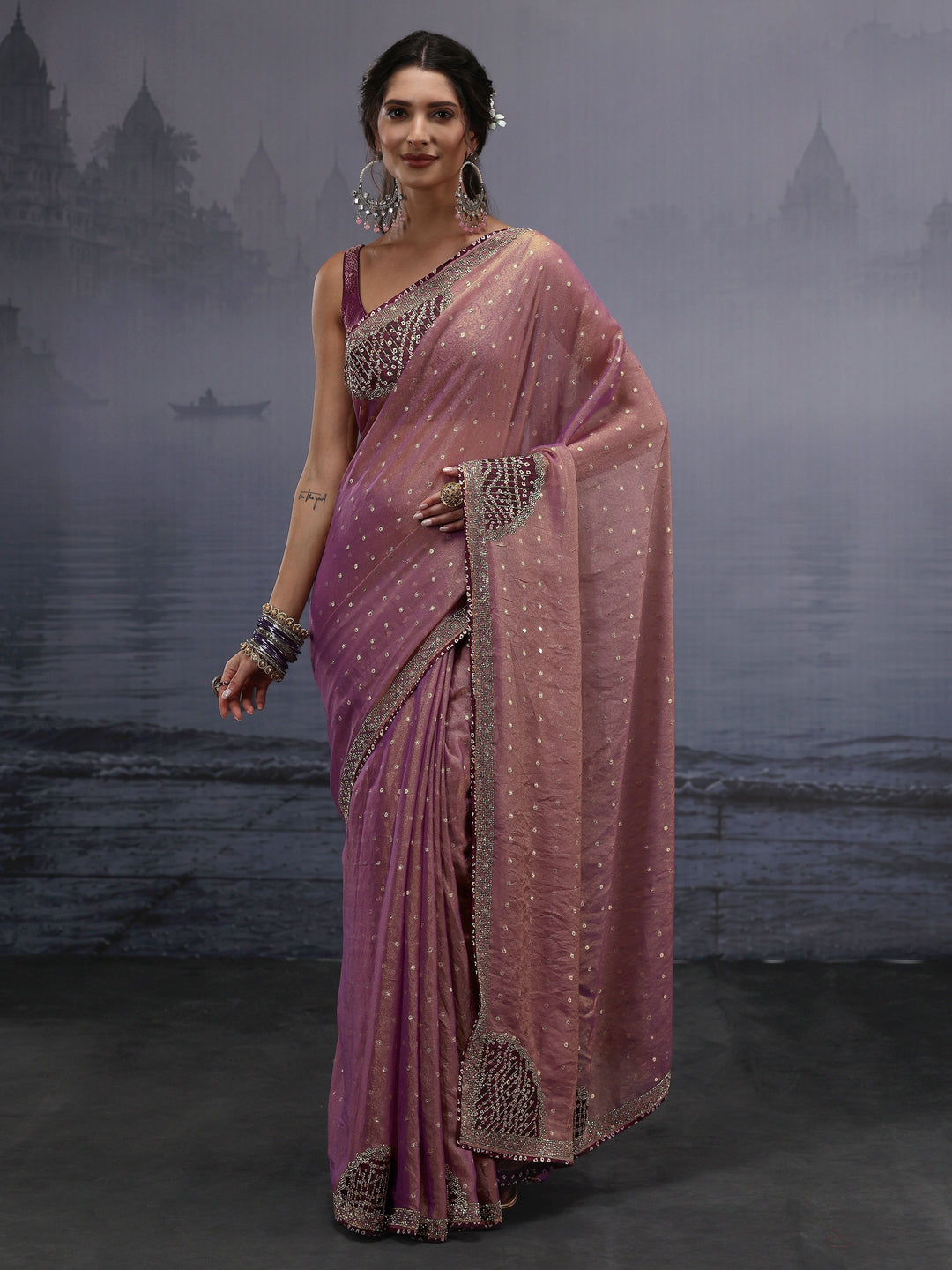 Libas Lavender Woven Design Tissue Saree with Applique Work