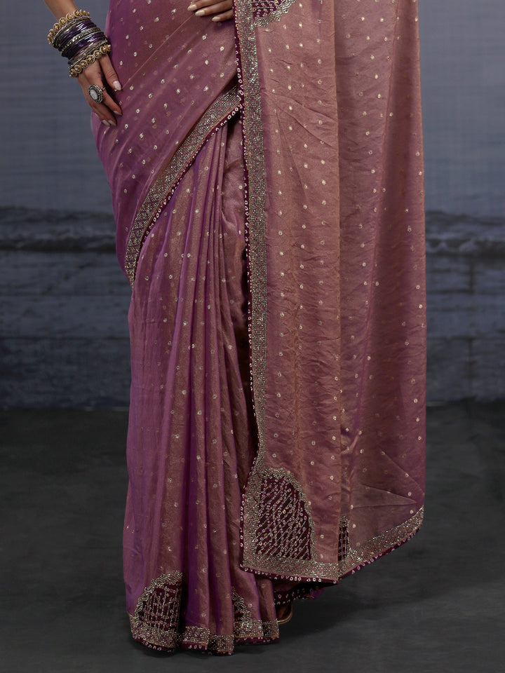 Libas Lavender Woven Design Tissue Saree with Applique Work
