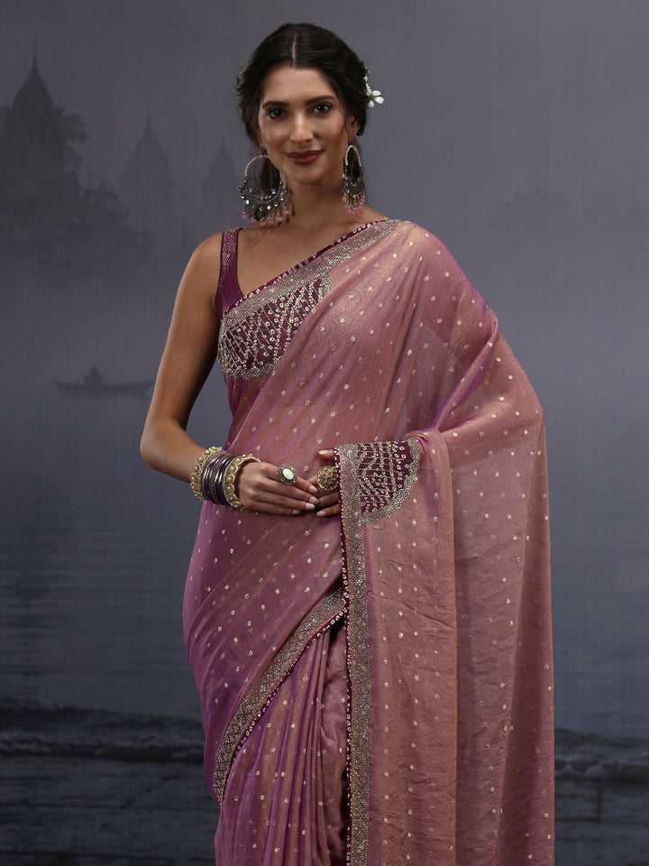 Libas Lavender Woven Design Tissue Saree with Applique Work