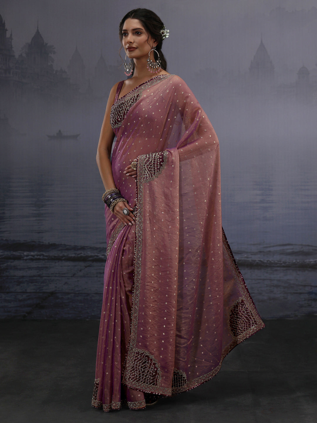 Libas Lavender Woven Design Tissue Saree with Applique Work