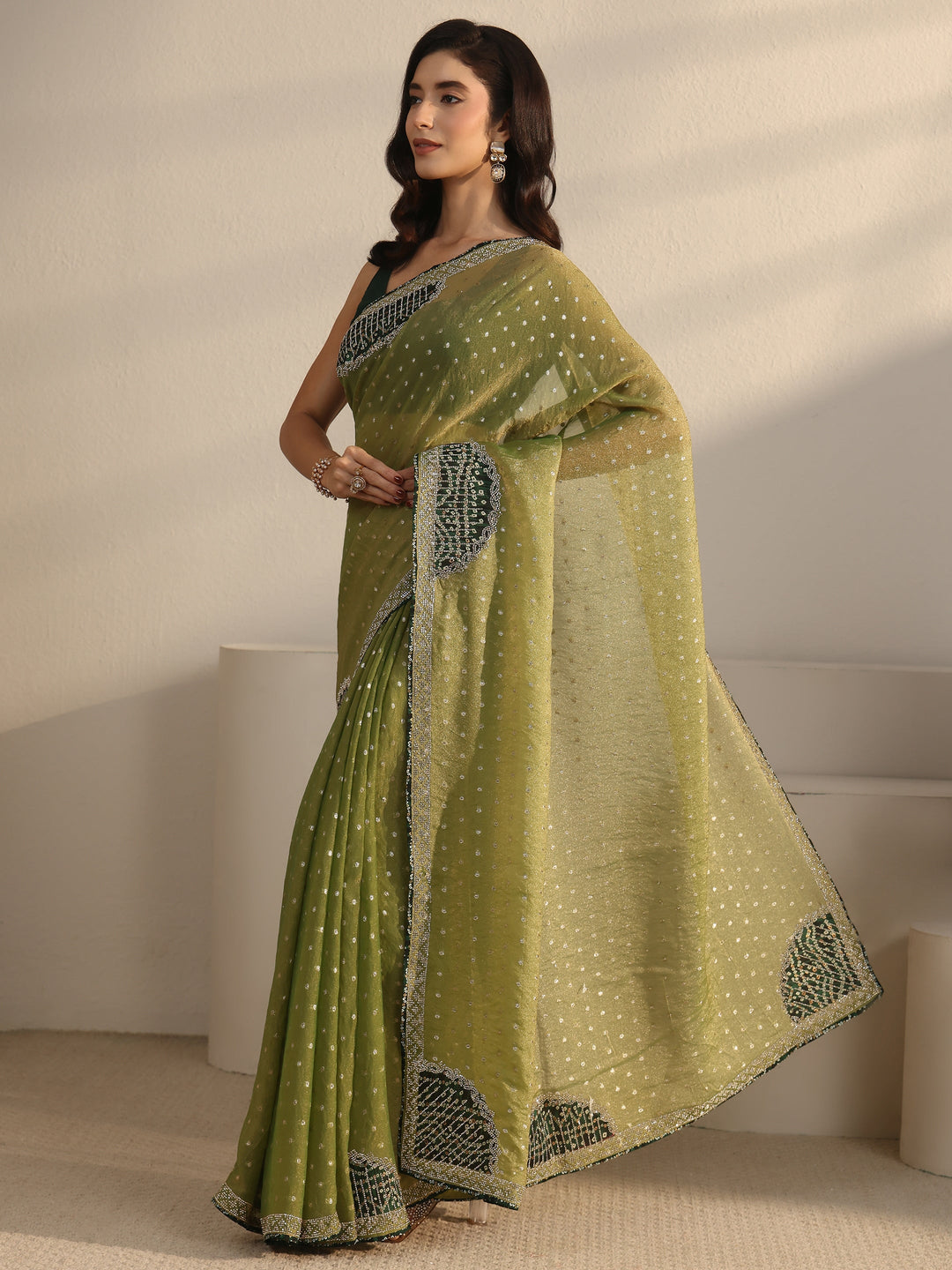 Libas Green Woven Design Tissue Saree with Embellished Border