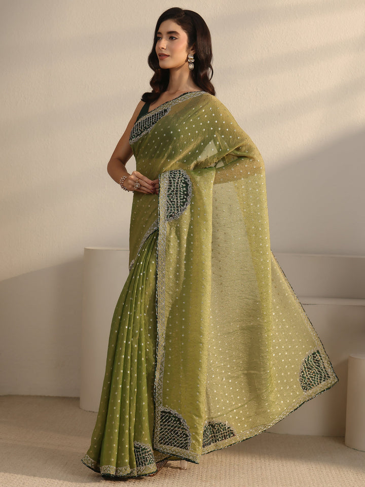 Libas Green Woven Design Tissue Saree with Embellished Border