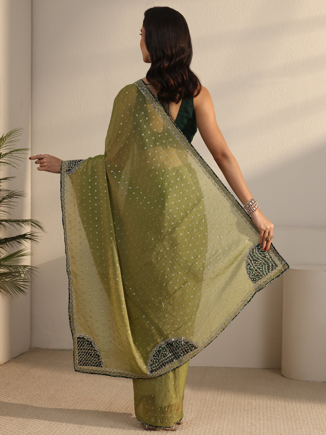 Libas Green Woven Design Tissue Saree with Embellished Border