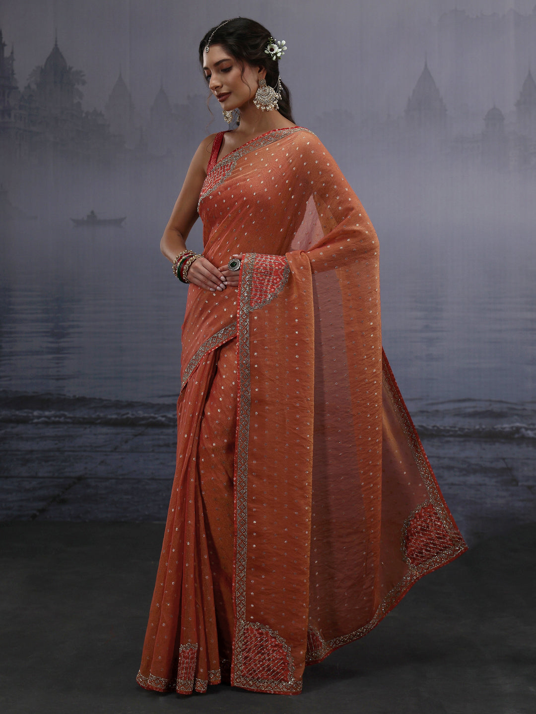 Libas Orange Woven Design Tissue Saree with Applique Work