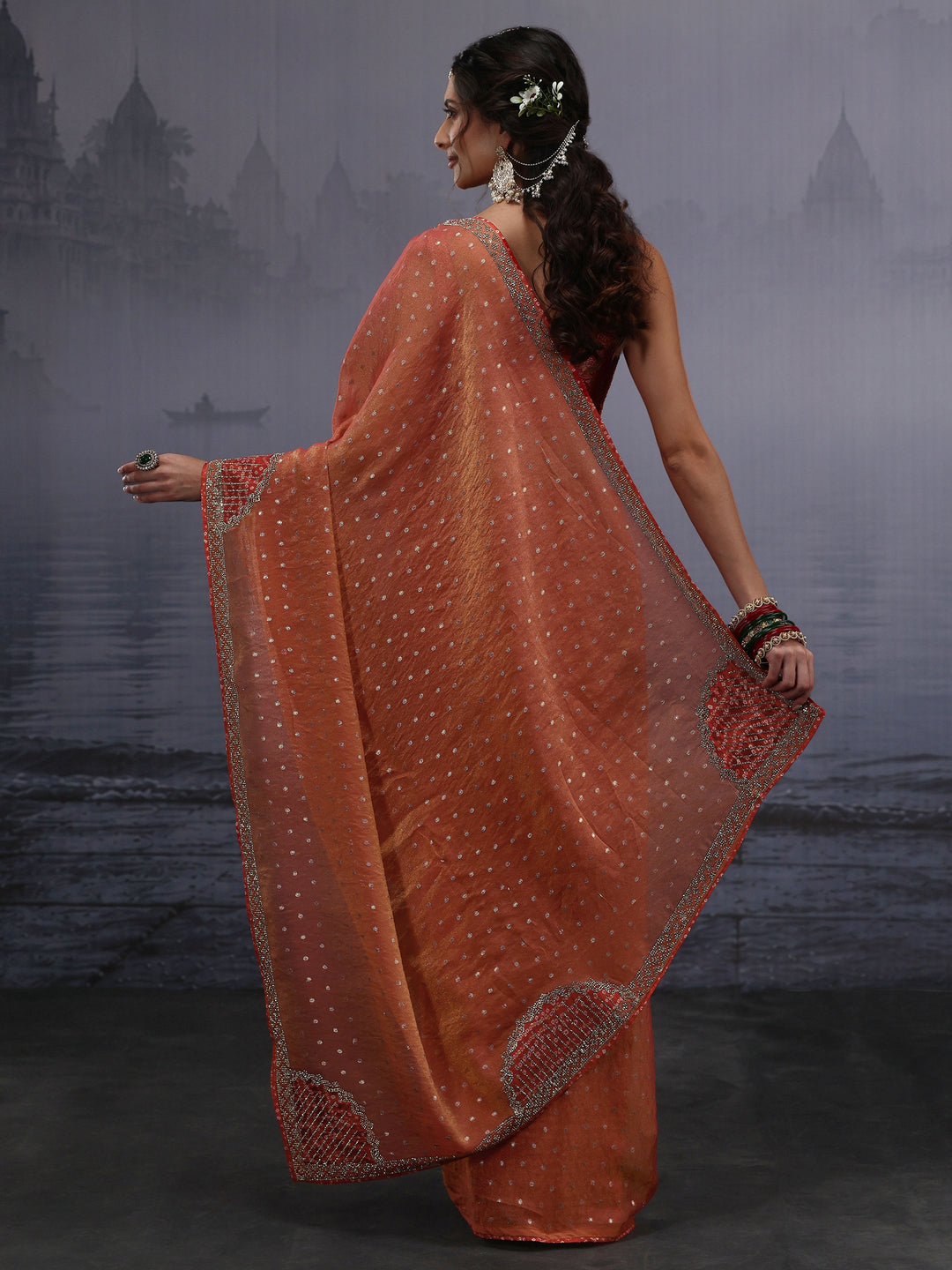 Libas Orange Woven Design Tissue Saree with Applique Work