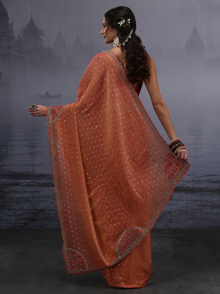 Libas Orange Woven Design Tissue Saree with Applique Work