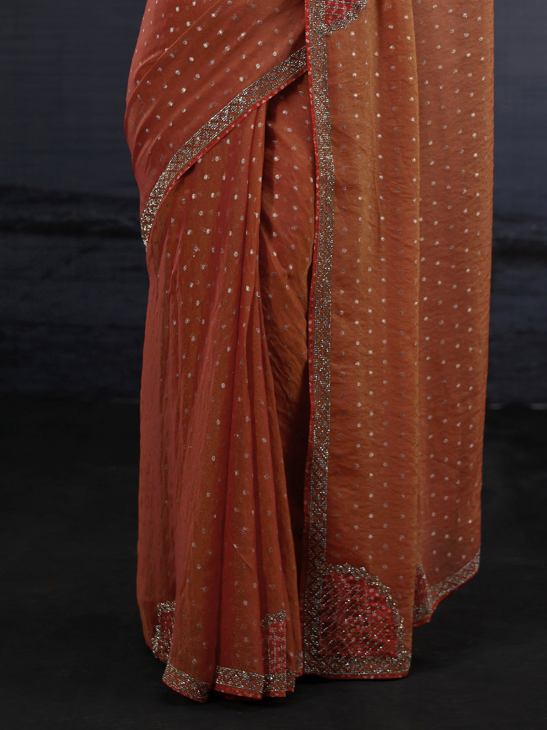 Libas Orange Woven Design Tissue Saree with Applique Work