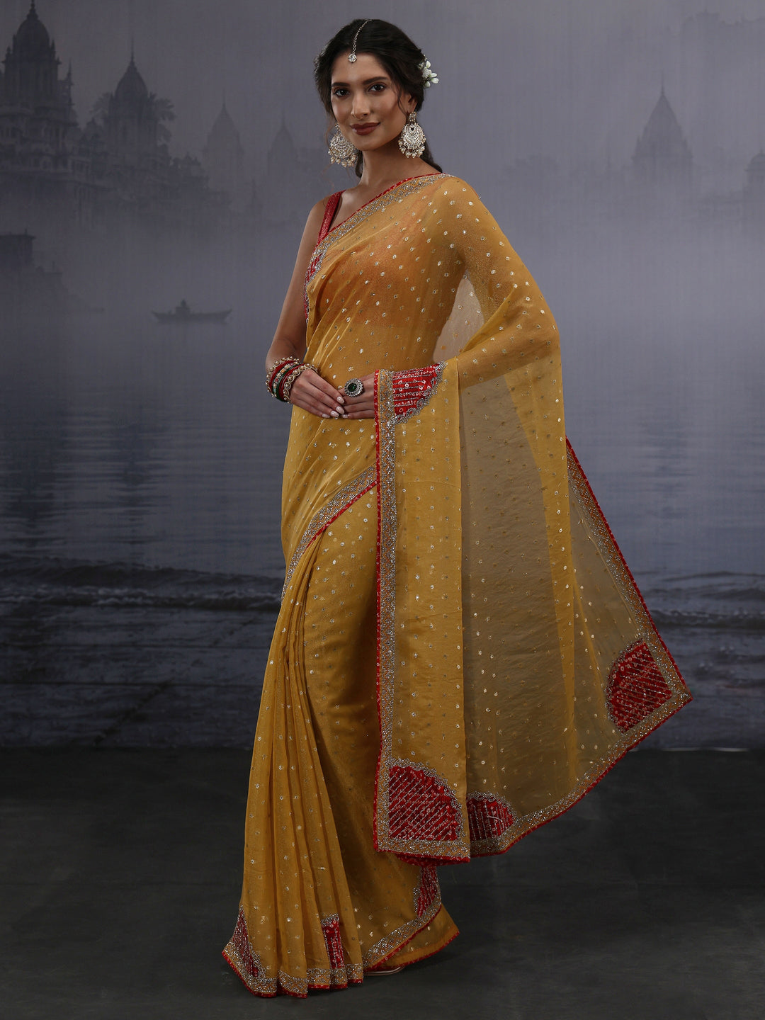 Libas Mustard Woven Design Tissue Saree with Applique Work
