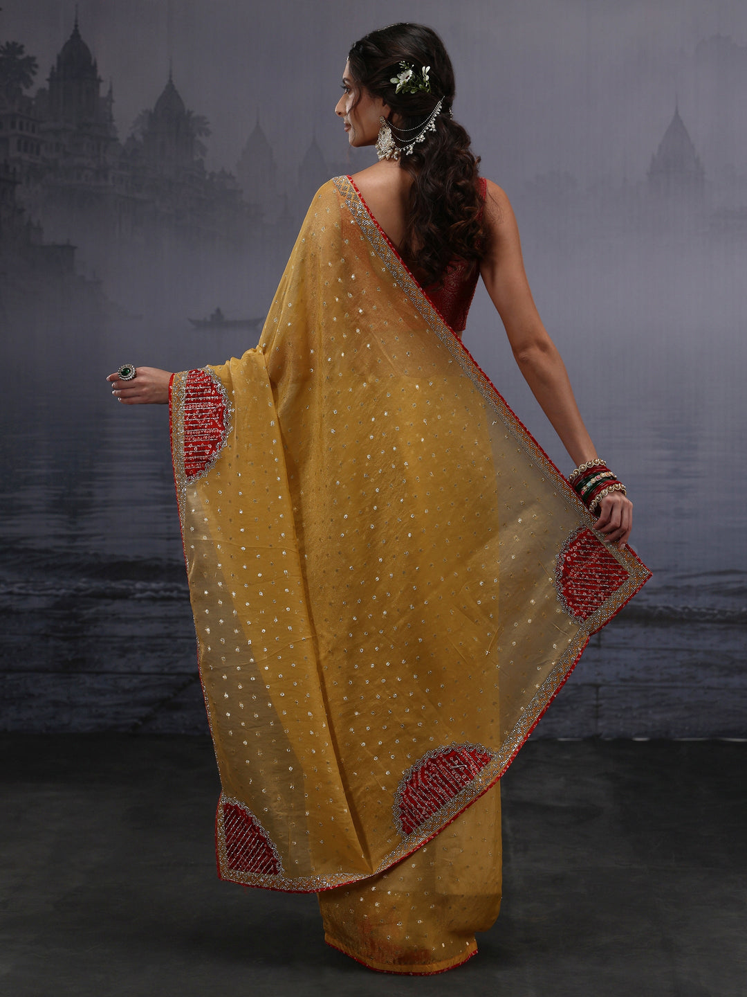 Libas Mustard Woven Design Tissue Saree with Applique Work