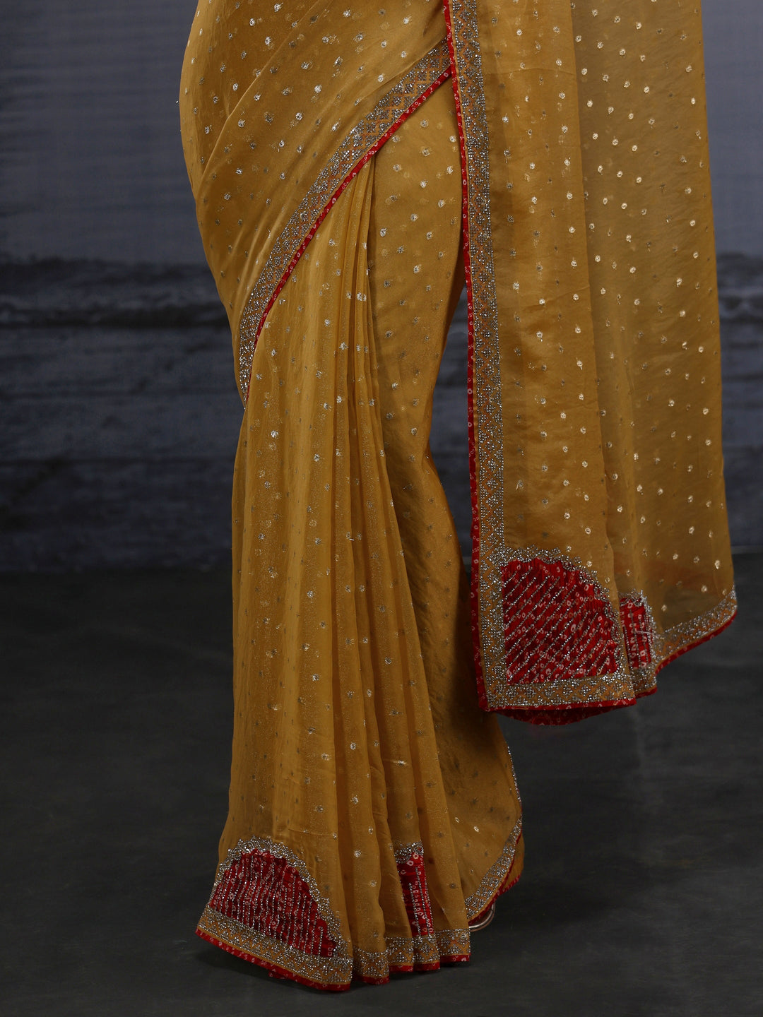 Libas Mustard Woven Design Tissue Saree with Applique Work