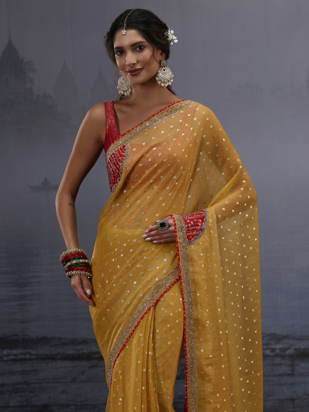 Libas Mustard Woven Design Tissue Saree with Applique Work