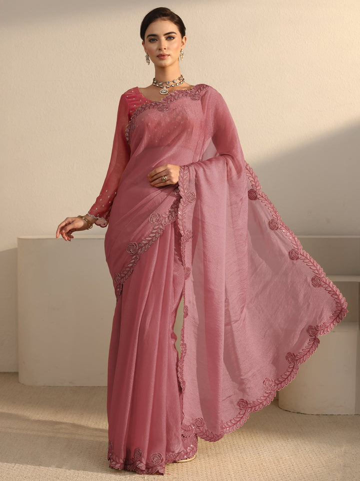 Libas Mauve Tissue Saree with Embellished Scalloped Border