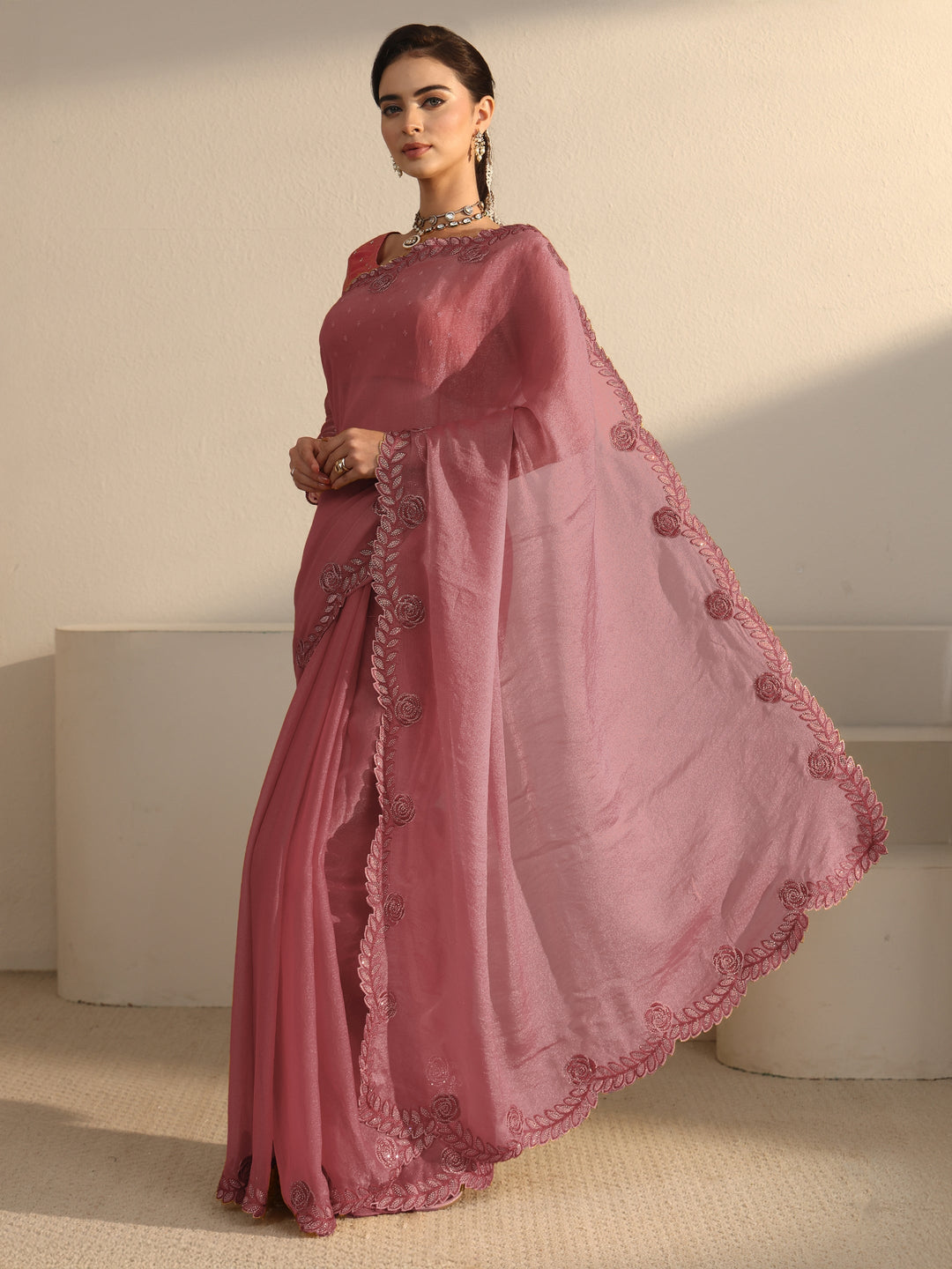 Libas Mauve Tissue Saree with Embellished Scalloped Border
