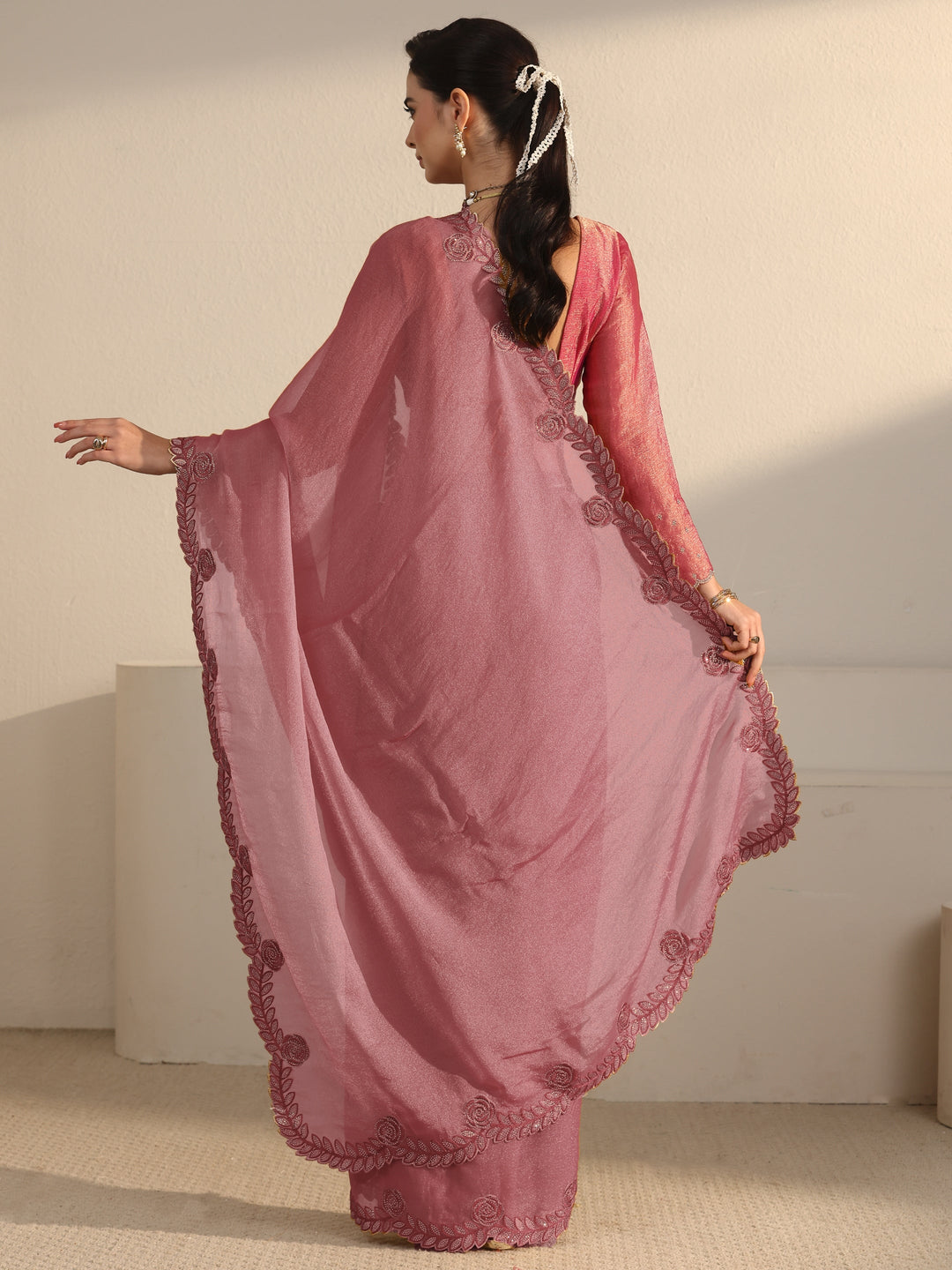 Libas Mauve Tissue Saree with Embellished Scalloped Border