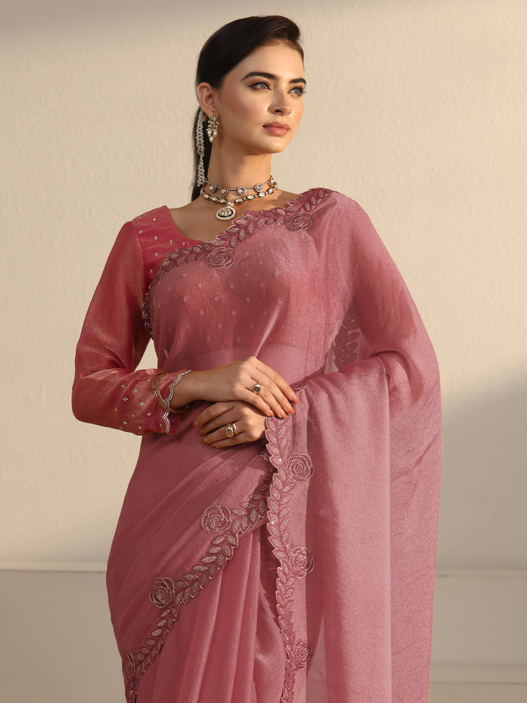 Libas Mauve Tissue Saree with Embellished Scalloped Border