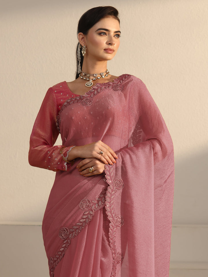 Libas Mauve Tissue Saree with Embellished Scalloped Border