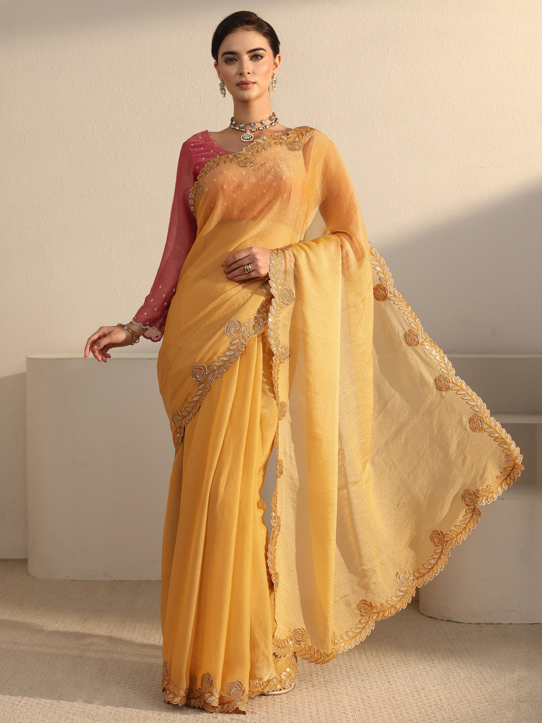 Libas Mustard Tissue Saree with Embellished Scalloped Border