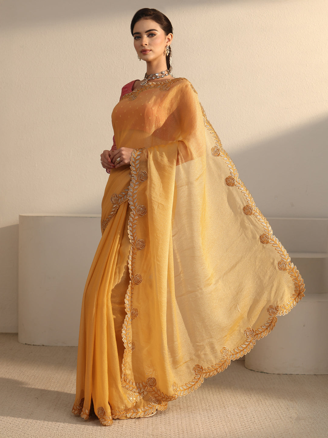 Libas Mustard Tissue Saree with Embellished Scalloped Border