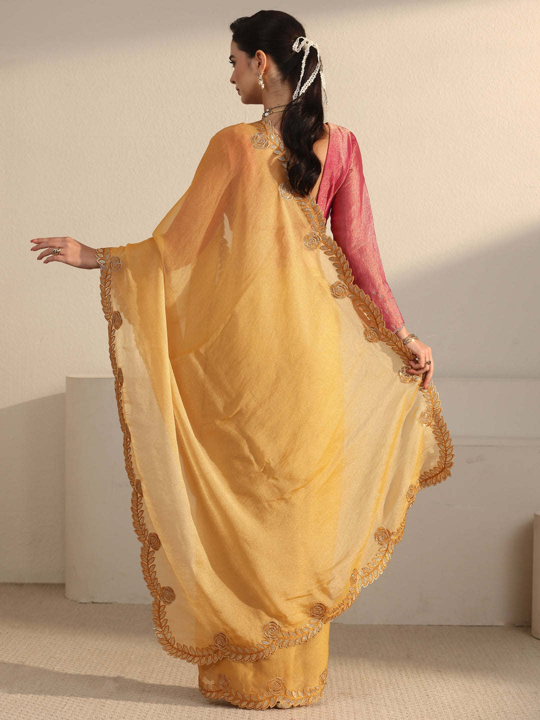 Libas Mustard Tissue Saree with Embellished Scalloped Border