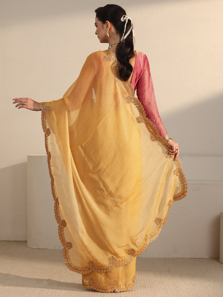 Libas Mustard Tissue Saree with Embellished Scalloped Border