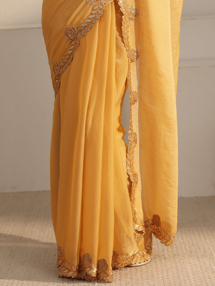Libas Mustard Tissue Saree with Embellished Scalloped Border