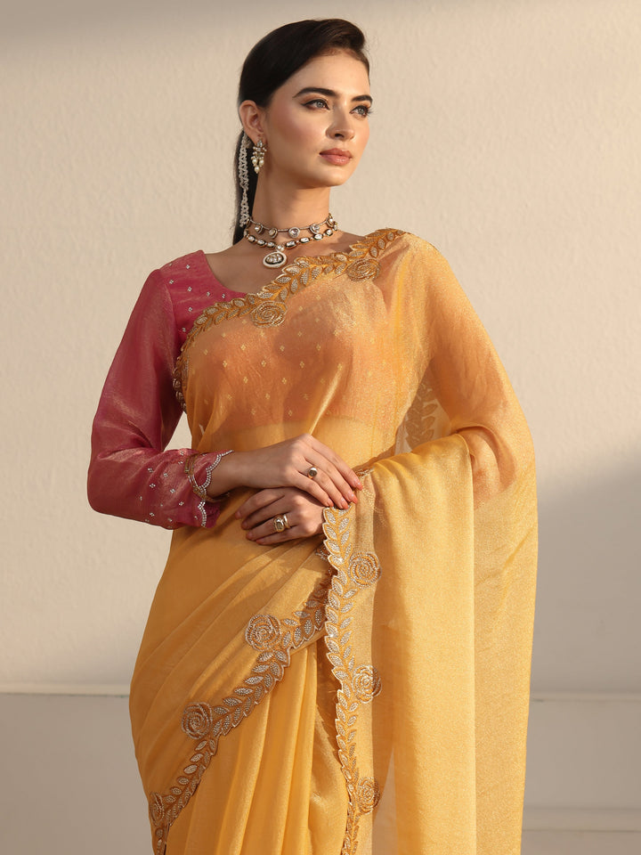 Libas Mustard Tissue Saree with Embellished Scalloped Border