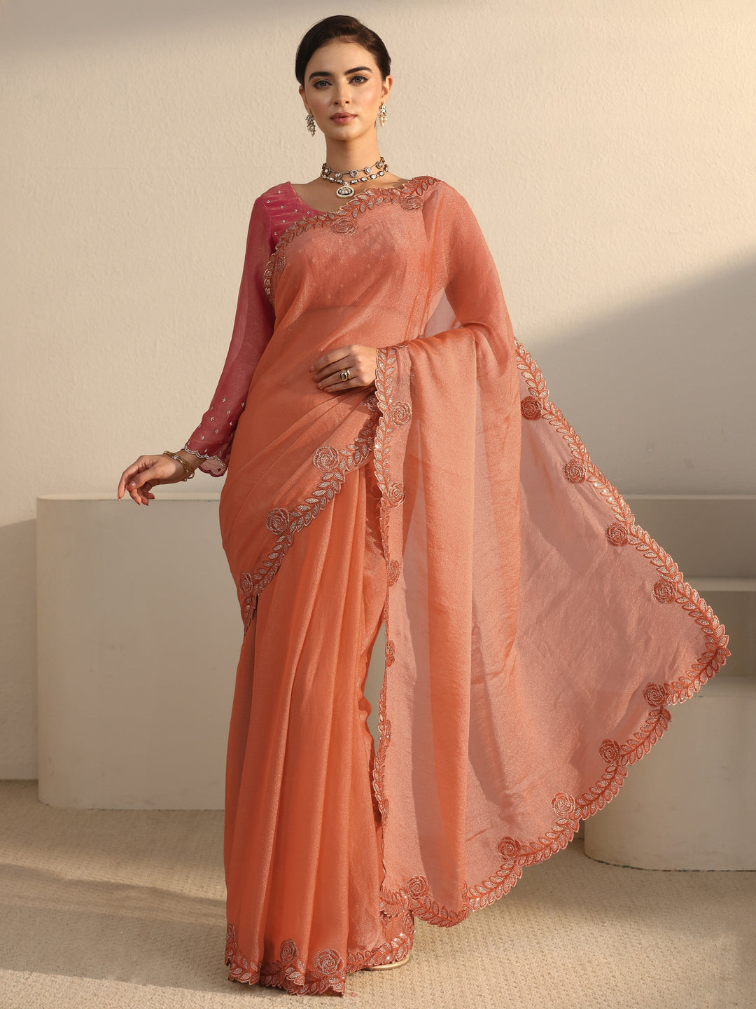Libas Orange Tissue Saree with Embellished Scalloped Border