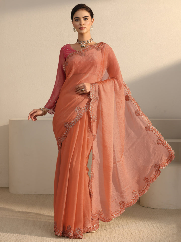 Libas Orange Tissue Saree with Embellished Scalloped Border