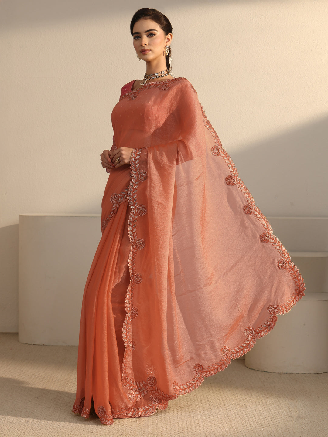 Libas Orange Tissue Saree with Embellished Scalloped Border