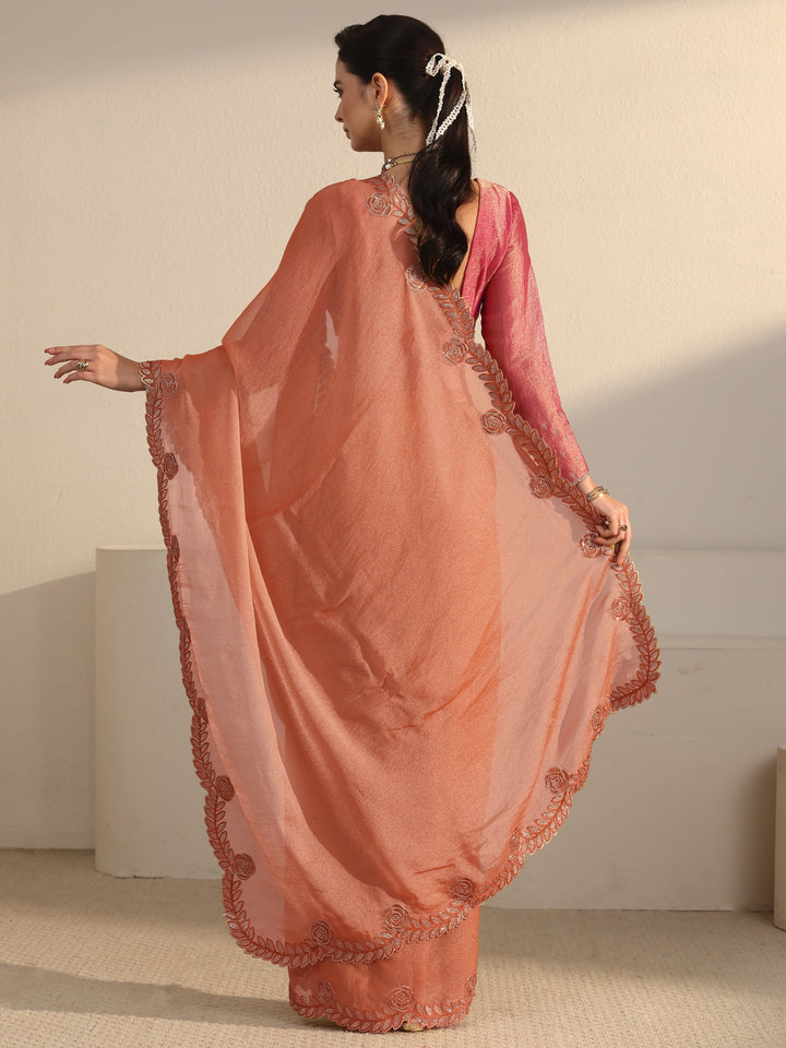 Libas Orange Tissue Saree with Embellished Scalloped Border