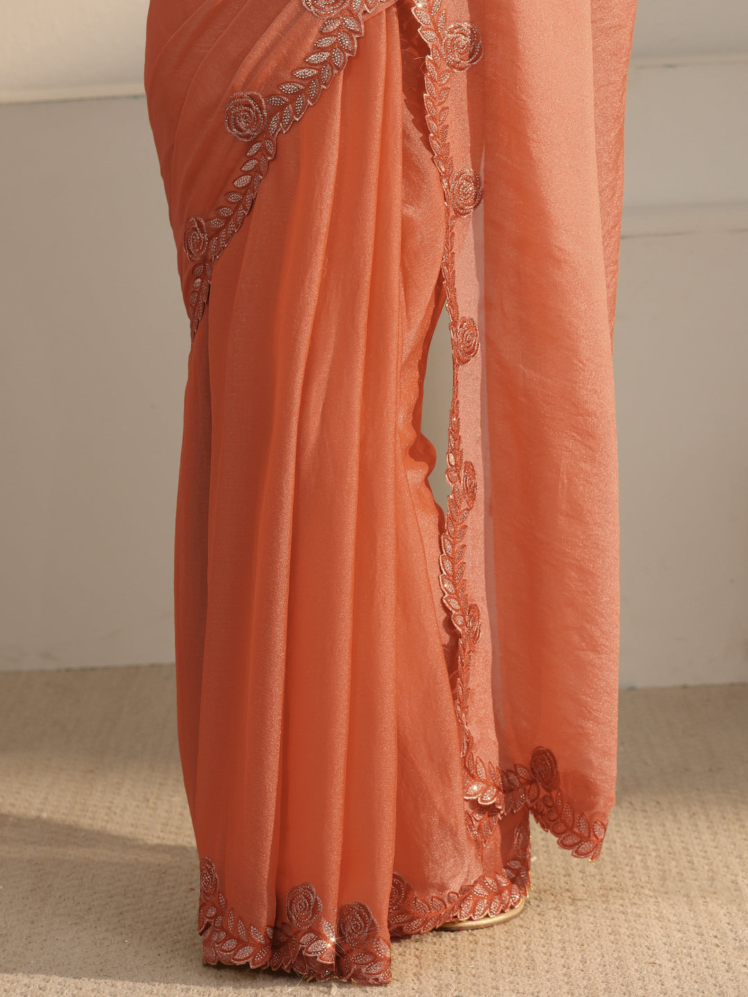 Libas Orange Tissue Saree with Embellished Scalloped Border