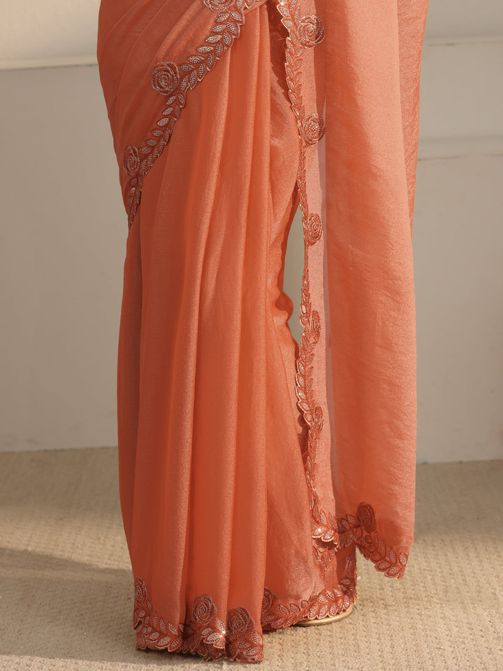 Libas Orange Tissue Saree with Embellished Scalloped Border