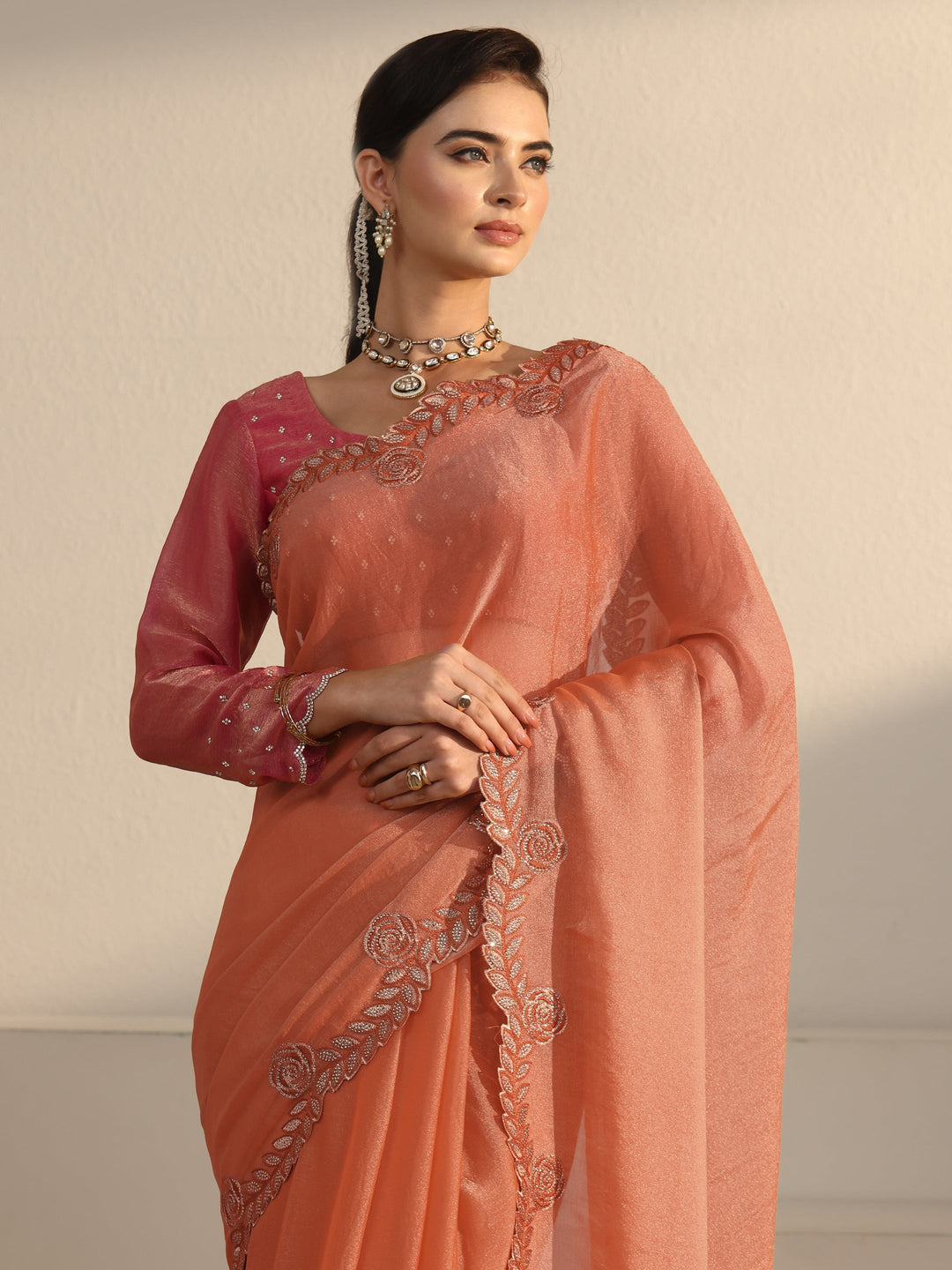 Libas Orange Tissue Saree with Embellished Scalloped Border