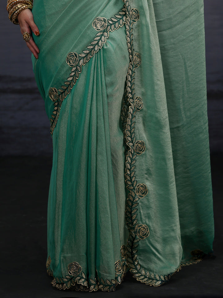 Libas Blue Tissue Saree with Embellished Scalloped Border