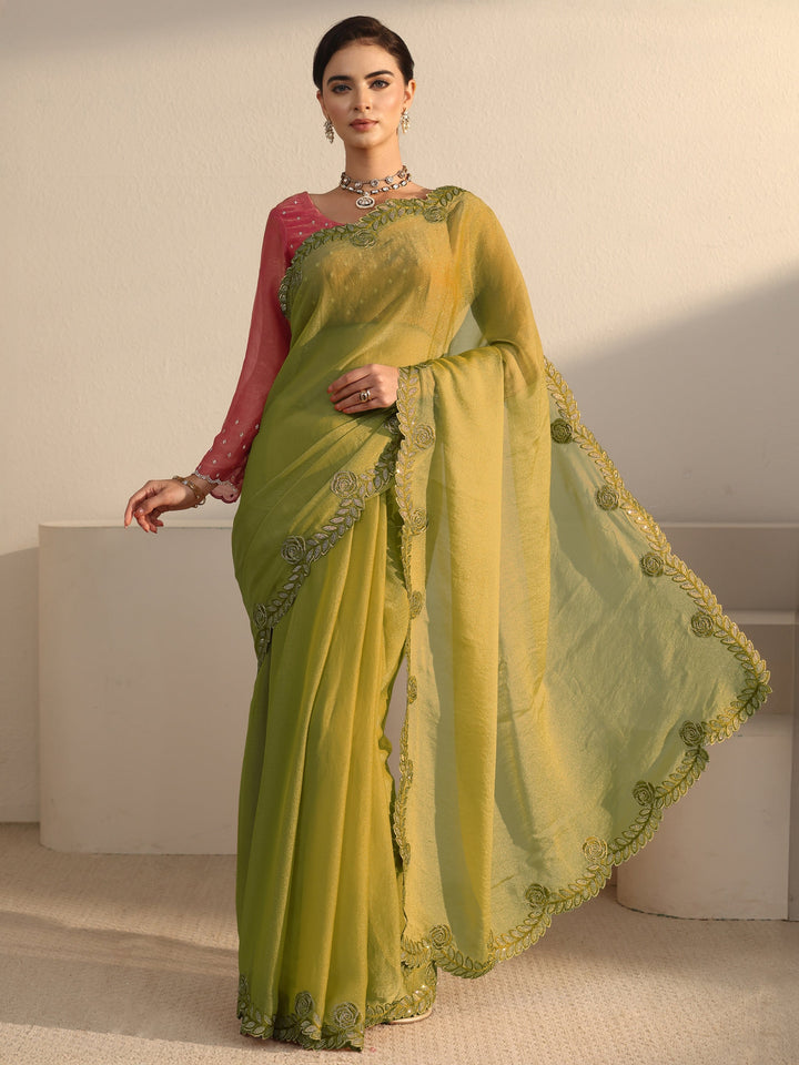 Libas Green Tissue Saree with Embellished Scalloped Border