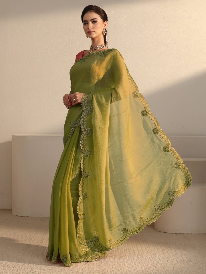 Libas Green Tissue Saree with Embellished Scalloped Border