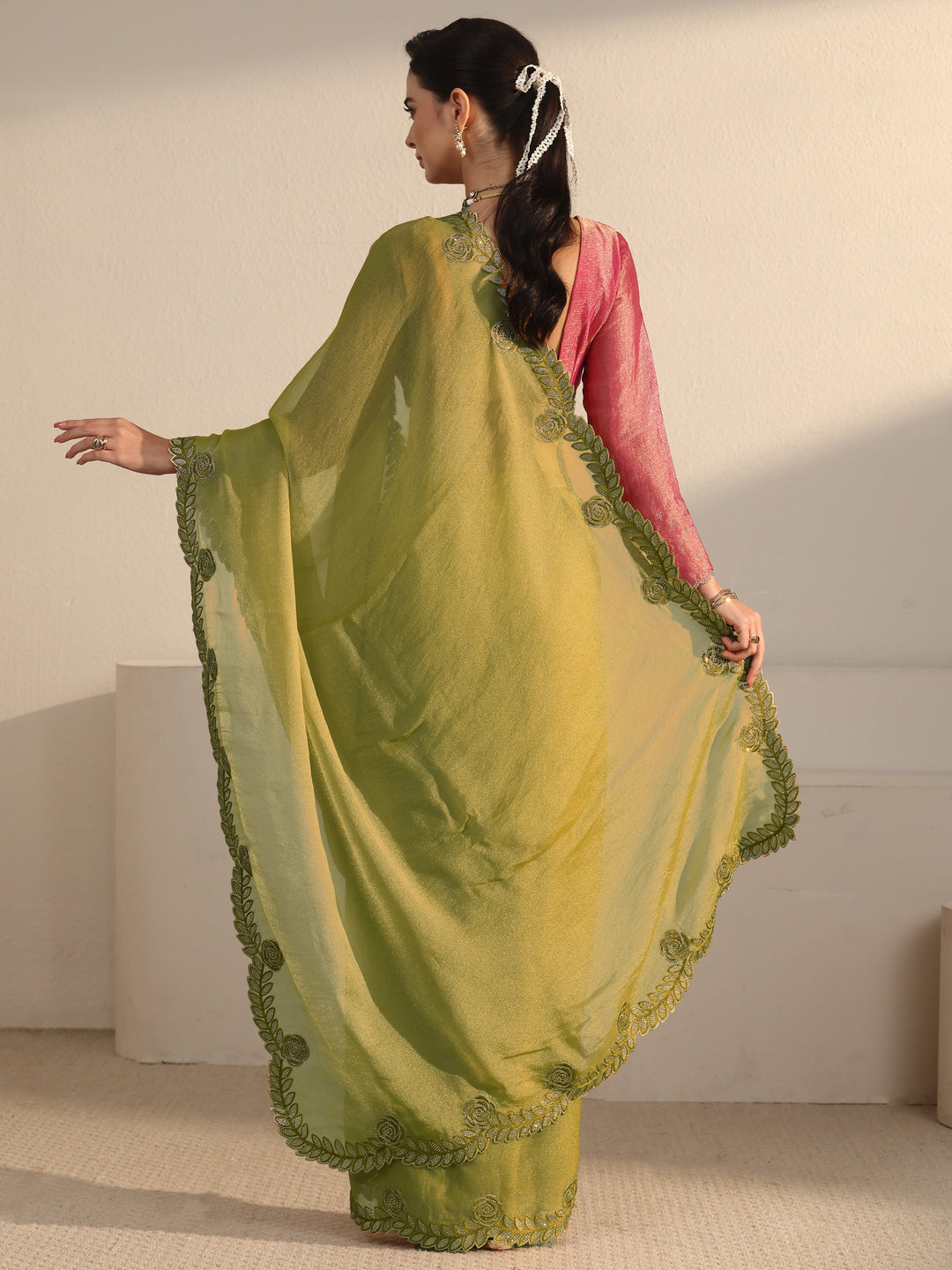 Libas Green Tissue Saree with Embellished Scalloped Border