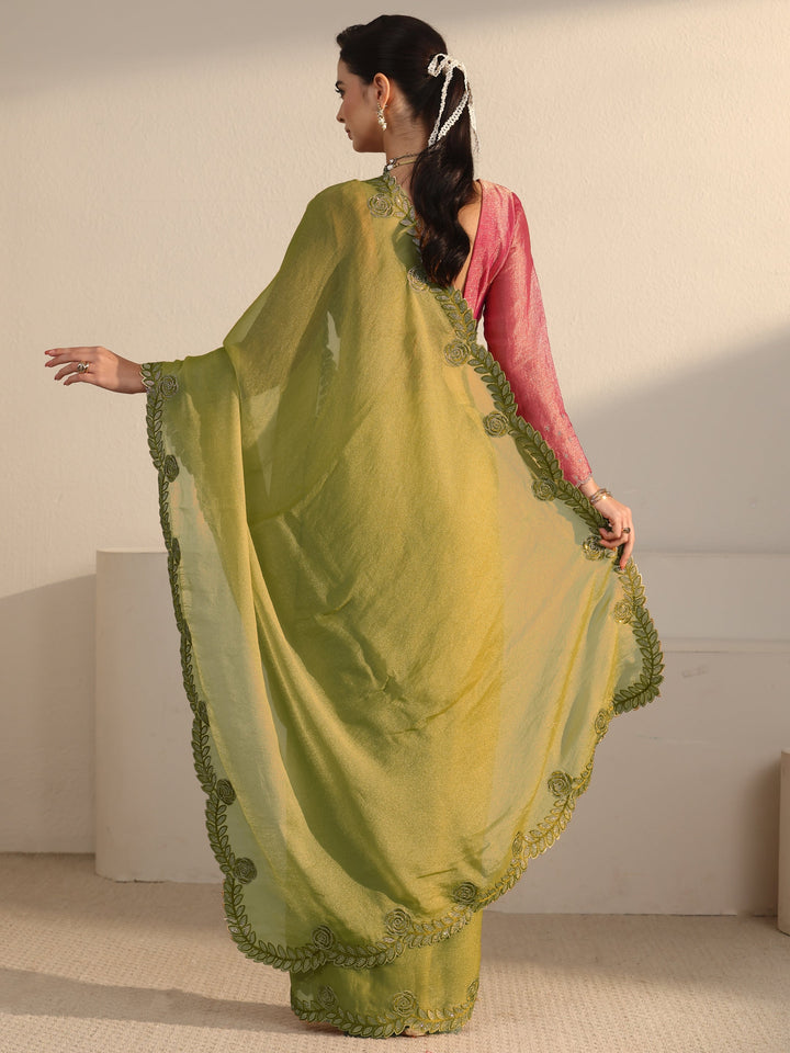 Libas Green Tissue Saree with Embellished Scalloped Border