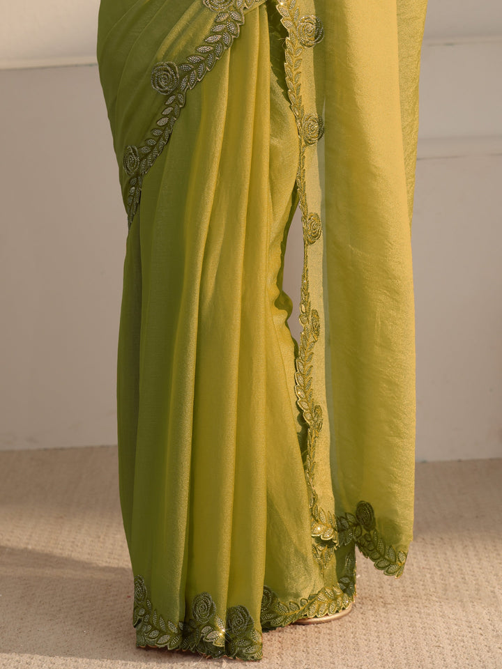 Libas Green Tissue Saree with Embellished Scalloped Border