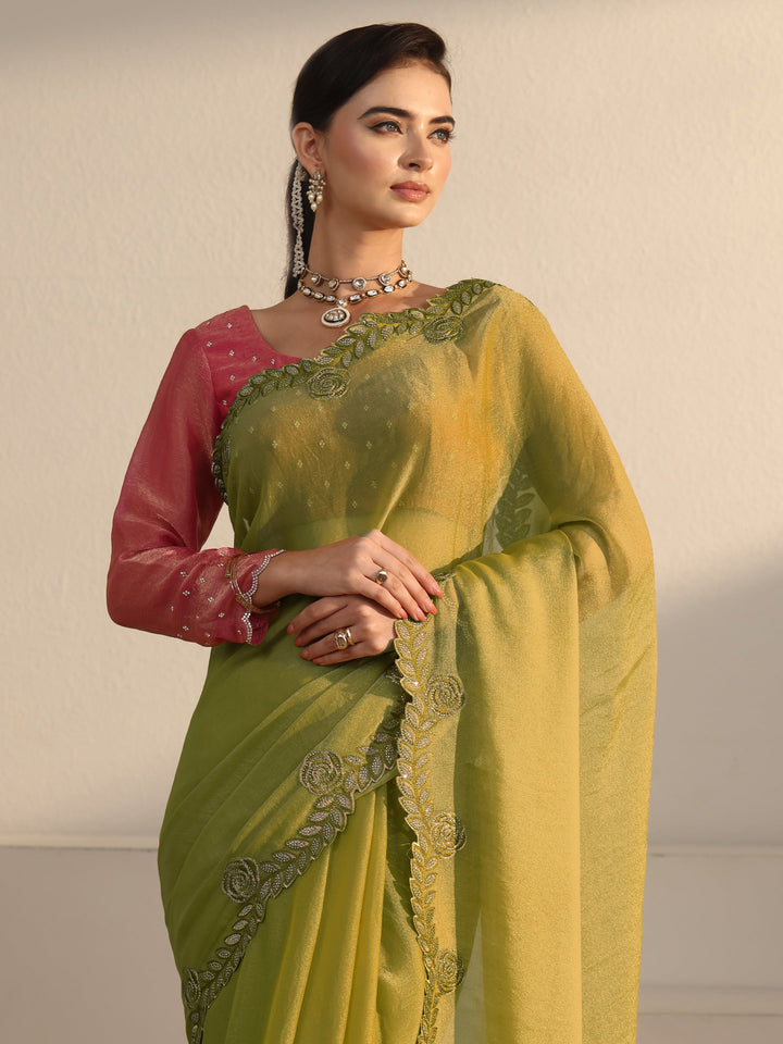 Libas Green Tissue Saree with Embellished Scalloped Border