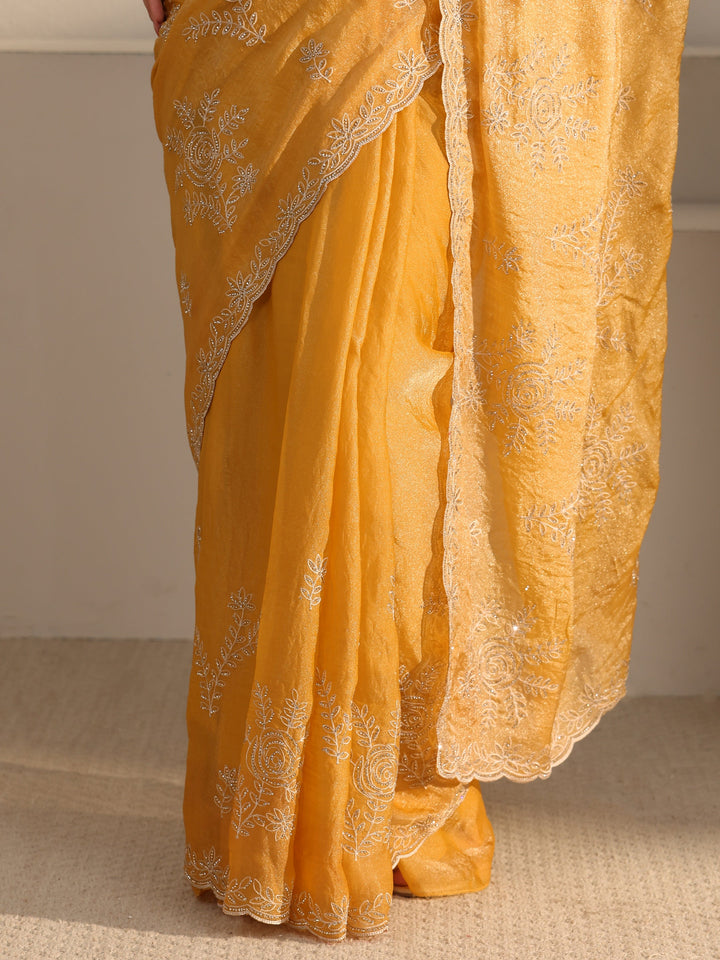 Libas Mustard Floral Stone Work Embellished Tissue Saree