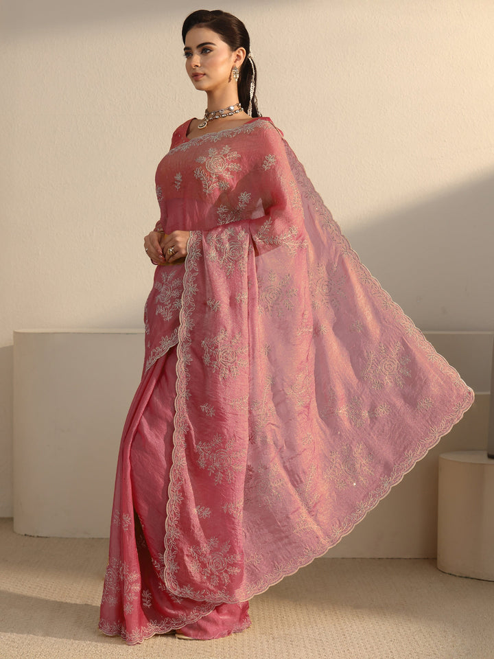 Libas Pink Floral Embroidered Tissue Saree with Stone Work