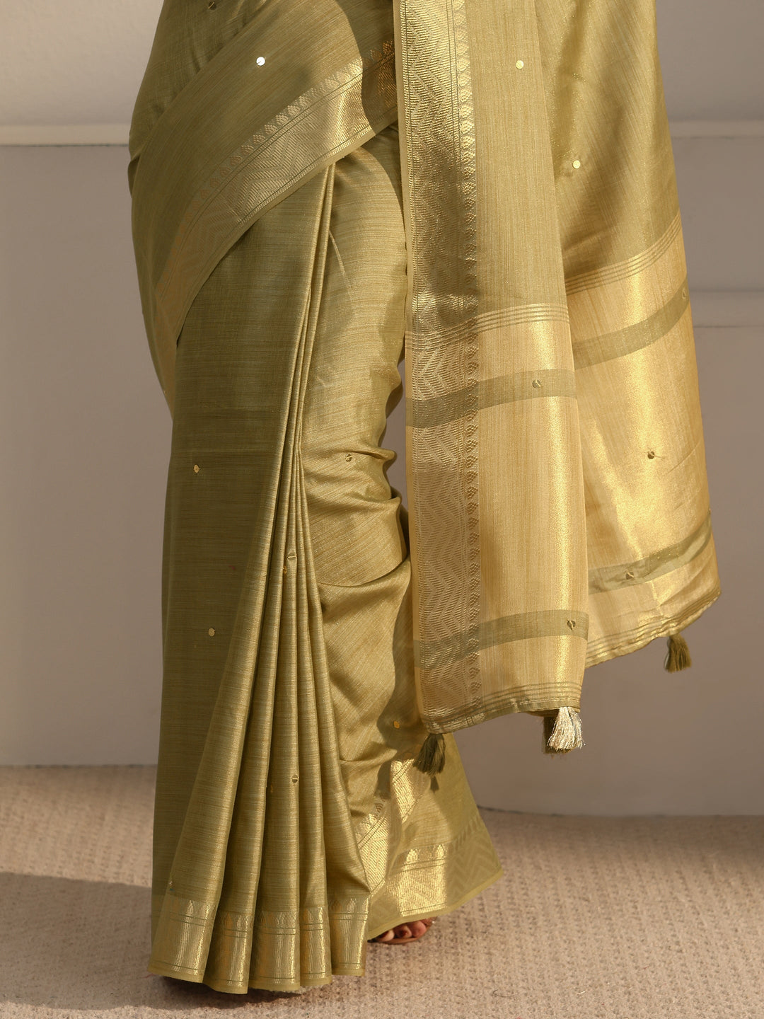 Libas Pista Green Woven Design Silk Blend Tassel Saree