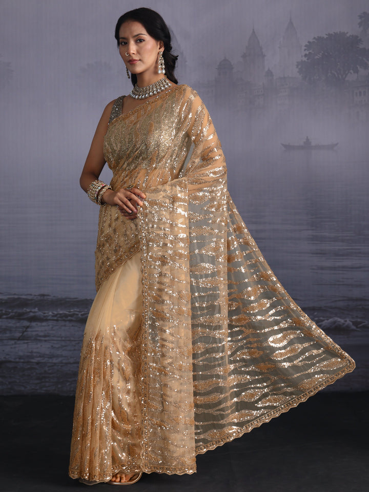 Libas Golden Sequin Embellished Net Saree with Scalloped Border